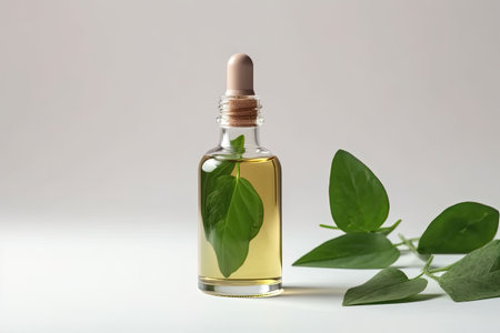 Cosmetic serum in a glass bottles with green leaves on light background. Generative AI illustrationの素材