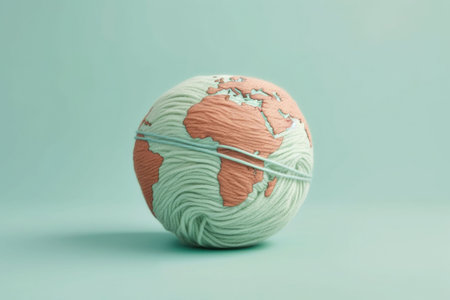 Soft Earth globe made of ball of yarn on pastel green background. Generative AI illustrationの素材