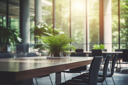 Modern minimalist lit conference room with blurred background. Light interior of modern office without people. AI generated illustrationの素材