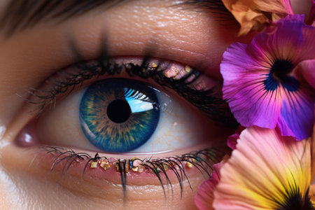 High fashion eye makeup with flowers. Beautiful holiday makeup close up. Generative AI illustrationの素材
