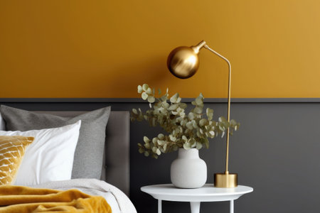 Minimalistic design scandinavian interior with mustard wall. A bedroom with a little bedside table, golden lamp, accessories, plant. Generative AI illustrationの素材