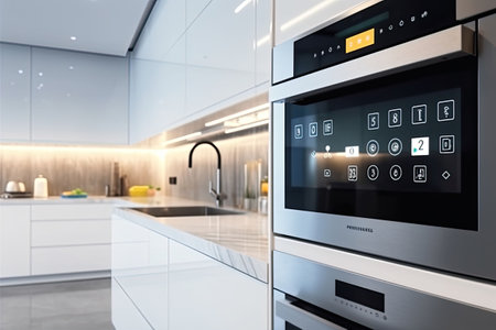 Smart kitchen in the modern home. Remote home control system. Generative AI illustrationの素材