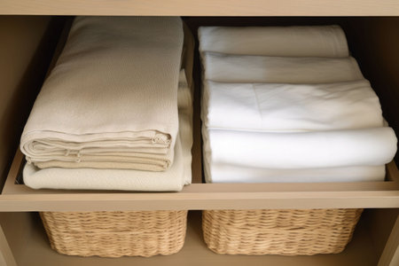 Bed linens closet arrangement on shelves. Minimalist comfortable storage. Sustainable life concept, zero waste concept. Generative AI illustrationの素材