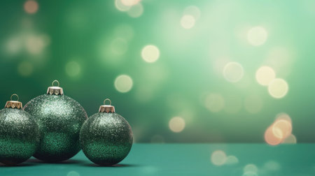 Christmas balls of green color on green blurred background. Bauble to decorate the tree. Christmas concept. AI generated illustrationの素材