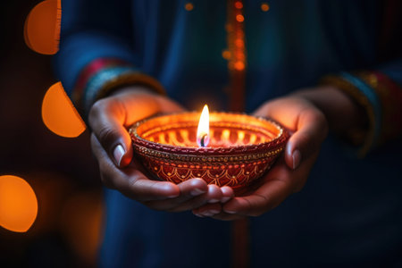 Diwali Hindu Festival of lights celebration. Diya oil lamp lit in woman hands. AI generated illustrationの素材