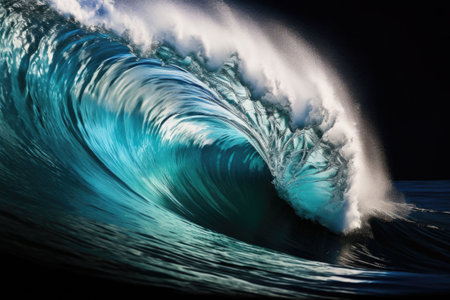 Beautiful deep blue tube wave in the ocean. Ocean wave sunrise from inside a beach wave. Generative AI illustrationの素材