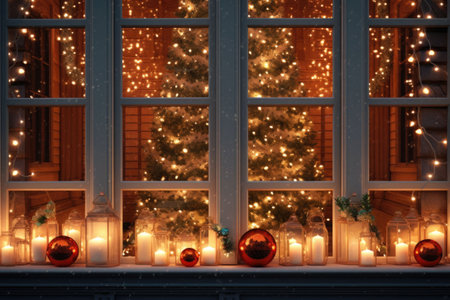 Christmas tree, gifts and decorations. Window with christmas lights in the background. AI generated illustrationの素材