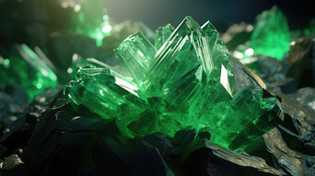 Hyperdetailed crystals of uvarovite. Green uvarovite mineral stone. AI generated illustrationの素材