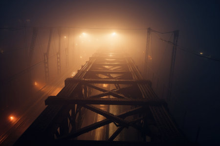 The foggy bridge with a street light on the side. The night bridge covered in the fog. Generative AI illustrationの素材