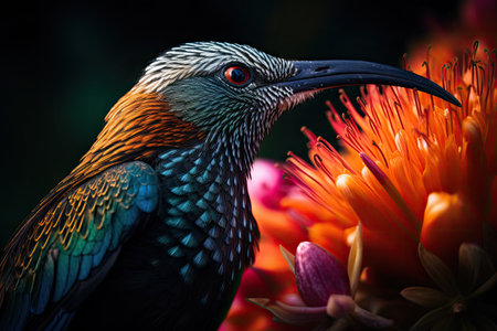 Colored tropical bird and beautiful surreal flowers. Generative AI illustrationの素材