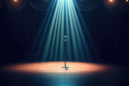 Microphone stand under a single spotlight. Stand up comedy. Stage of a club. Generative AI illustrationの素材