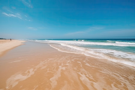 Tropical summer beach with golden sand, turquoise ocean and blue sky with white clouds on bright sunny day. Generative AI illustrationの素材