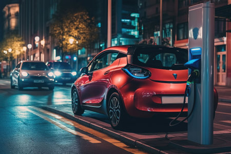 Charging an electric car with a public charger in a parking. Generative AI illustrationの素材