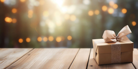 Gift box on wooden table as natural background with copyspace. AI generated illustrationの素材