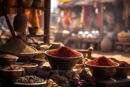 Assorted colorful dried spices placed on stall in local market. Generative AI illustrationの素材