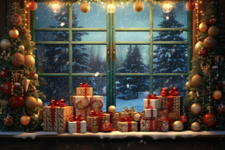 Christmas tree, gifts and decorations. Window with christmas lights in the background. AI generated illustrationの素材