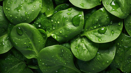 Spinach background. Fresh green baby spinach leaves. AI generated illustrationの素材