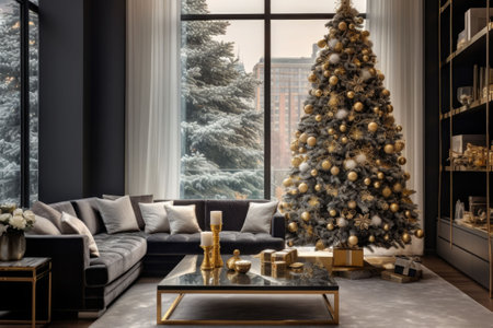 Christmas tree with decorations underneath in a modern chic apartment. AI generated illustrationの素材