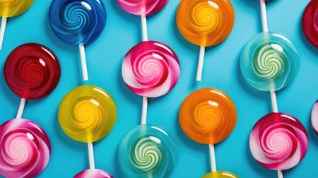 Colorful candies and sweets. Spiral rainbow color lollipops. Generative AI illustrationの素材