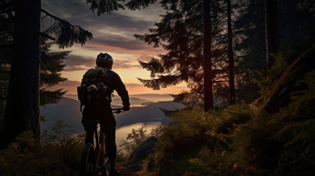Mountain biker on forest trail in the sunset. Generative AI illustrationの素材