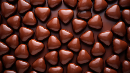 Heart shaped chocolate candies background. Sweets background. Top view. AI generated illustrationの素材