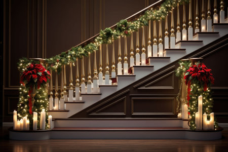 Interior decoration. Traditional Christmas holiday decorated stairs. AI generated illustrationの素材