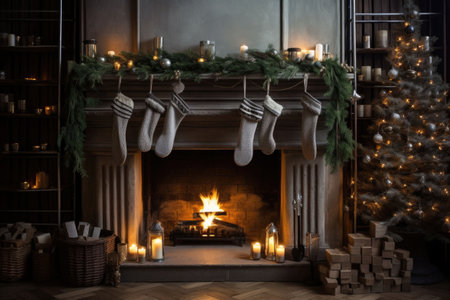 Modern chimney with stockings, candles, and christmas decoration. Christmas living room with fireplace. AI generated illustrationの素材