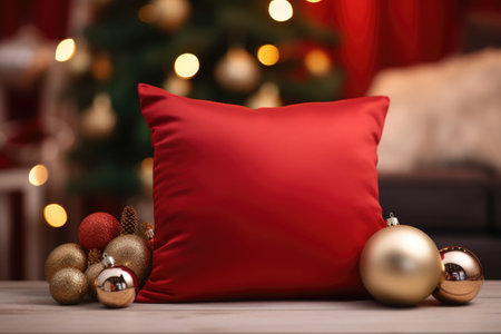 Pillow and christmas balls with glowing christmas tree on the background. Generative AI illustrationの素材