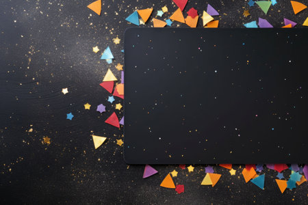 Black board, decorations and confetti on black background. AI generated illustrationの素材