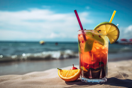 Summer cocktail with blur beach on background. Tropical cold drink. Summer drinks and beach vacation background. Generative AI illustrationの素材