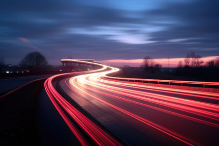 Long exposure highway lights. AI generated illustrationの素材