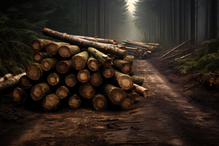 Log trunks pile, the logging timber wood industry. Cut trees along a road prepared for removal. Generative AI illustrationの素材