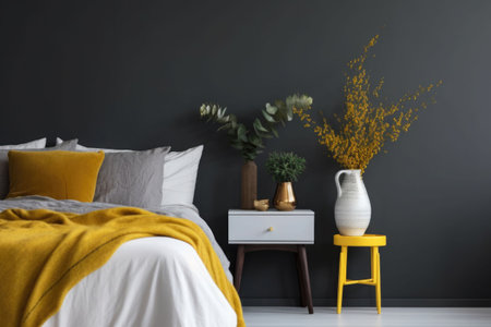 Minimalist design scandinavian interior with gray wall. A bedroom with a little bedside table, golden lamp, accessories, plant. Generative AI illustrationの素材