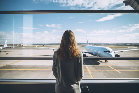 Woman standing at lounge with luggage watching at airport window while waiting at boarding gate before departure. AI generated illustrationの素材