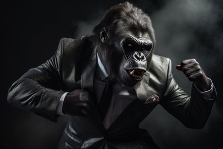 Anthropomorphic gorilla dressed in an elegant suit like a businessman. AI generated illustrationの素材