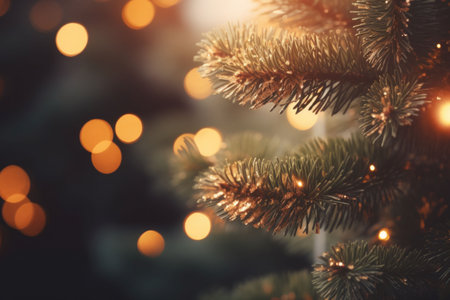 Close up of a christmas tree branch. Christmas lighting, decorations, blurry in background. AI generated illustrationの素材