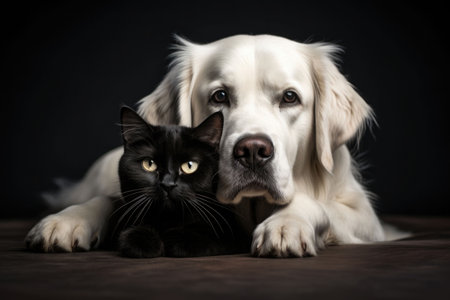Black cat and white dog together. Best friends. AI generated illustrationの素材