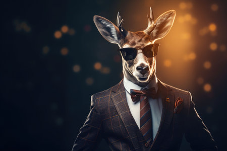 Anthropomorphic deer in sunglasses dressed in an elegant suit like a businessman. AI generated illustrationの素材