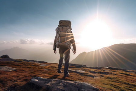 Hiker at sunset mountains with backpack. Travel wanderlust adventure concept. Outdoor vacation alone into the wild. Generative AI illustrationの素材