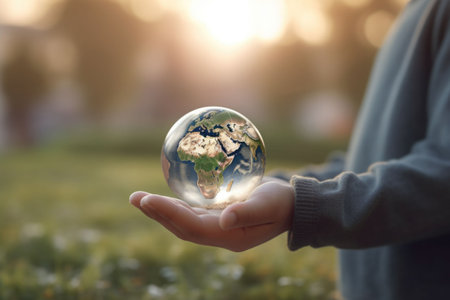 Childs hands holding transparent earth globe over blurred background. Generative AI illustrationの素材