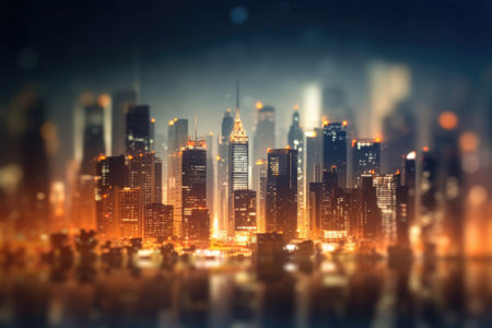 Tilt shift blur effect. Abstract futuristic cityscape with modern skyscrapers. Generative AI illustrationの素材