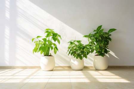Potted green plants with white wall on the background. Sun rays. A collection of different houseplants. Generative AI illustrationの素材