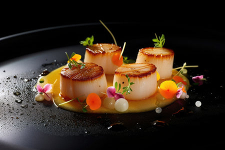 Seared sea scallops with creamy lemon spicy sauce on black background. Generative AI illustrationの素材