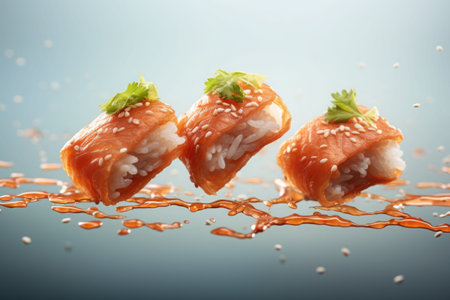 Levitating sushi and rolls. Flying sushi pieces. Generative AI illustrationの素材
