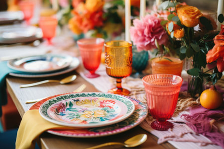 Boho Chic table setting. Decoration table covered with a tablecloth with dishes, flowers, candles. AI generated illustrationの素材