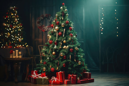 Christmas tree decorated in a holiday party. Christmas background. AI generated illustrationの素材