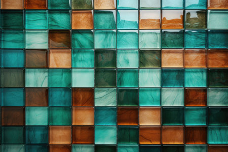 Colored glass mosaic in various squares in the light beige and emerald colors. AI generated illustrationの素材