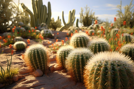 A desert full of cactus. Panorama with dry desert cactuses. Generative AI illustrationの素材