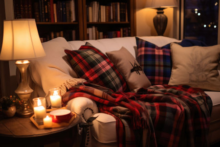 Cozy winter living room interior with beige sofa, knitted blanket and plaid cushions. AI generated illustrationの素材