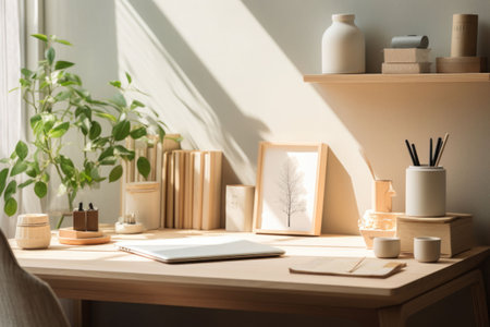 Home office desk in a neutral color palette. A vase, a stack of journals. Simple composition. Generative AI illustrationの素材